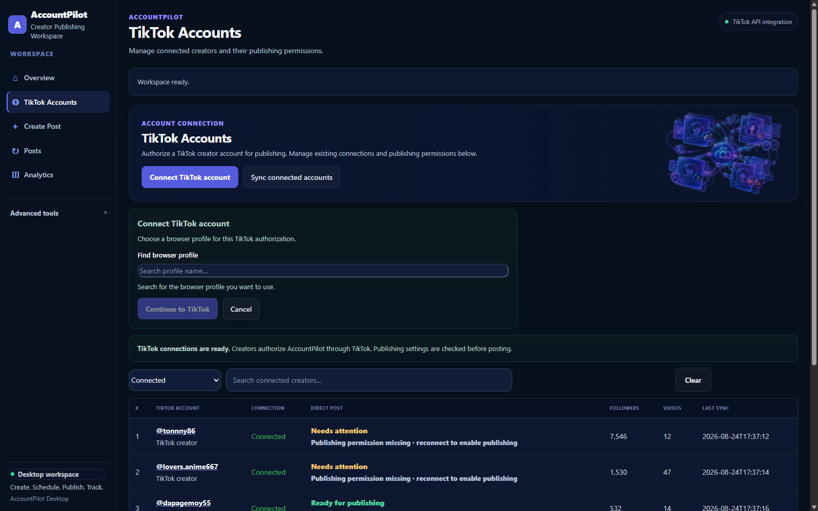 AccountPilot Connect TikTok account searchable chooser