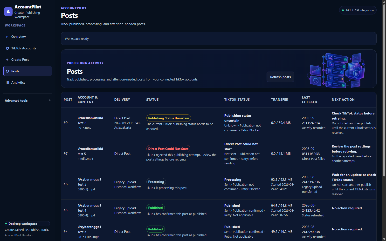 AccountPilot Posts status history