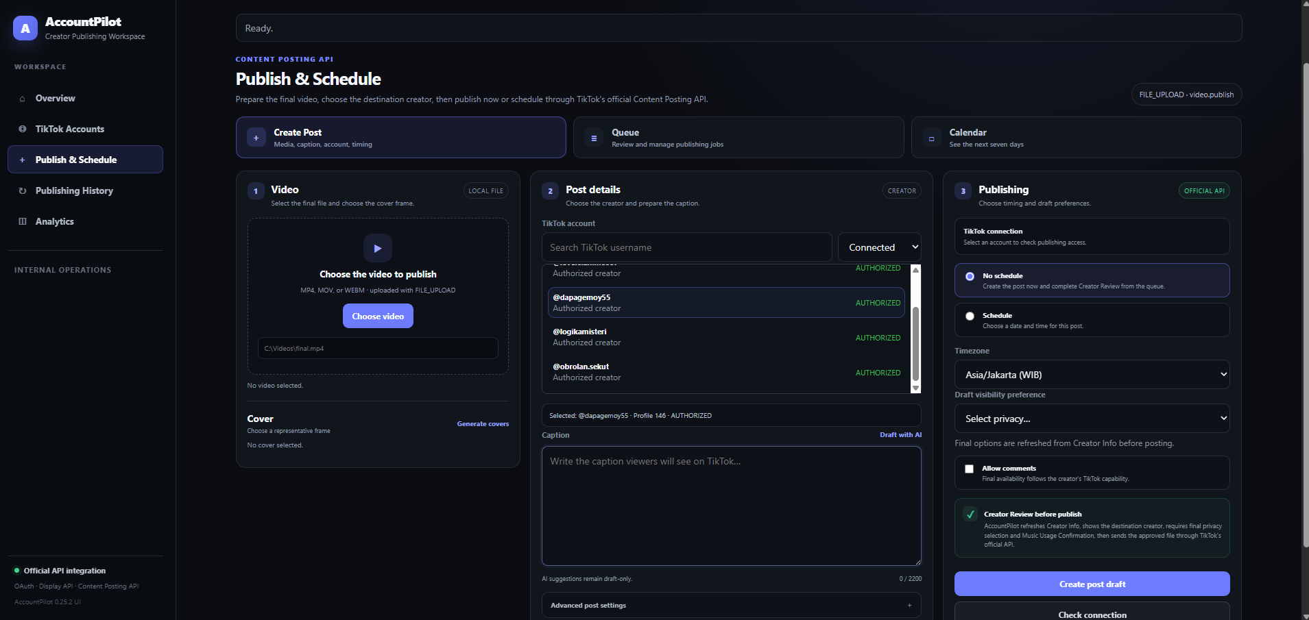 AccountPilot Publish and Schedule composer